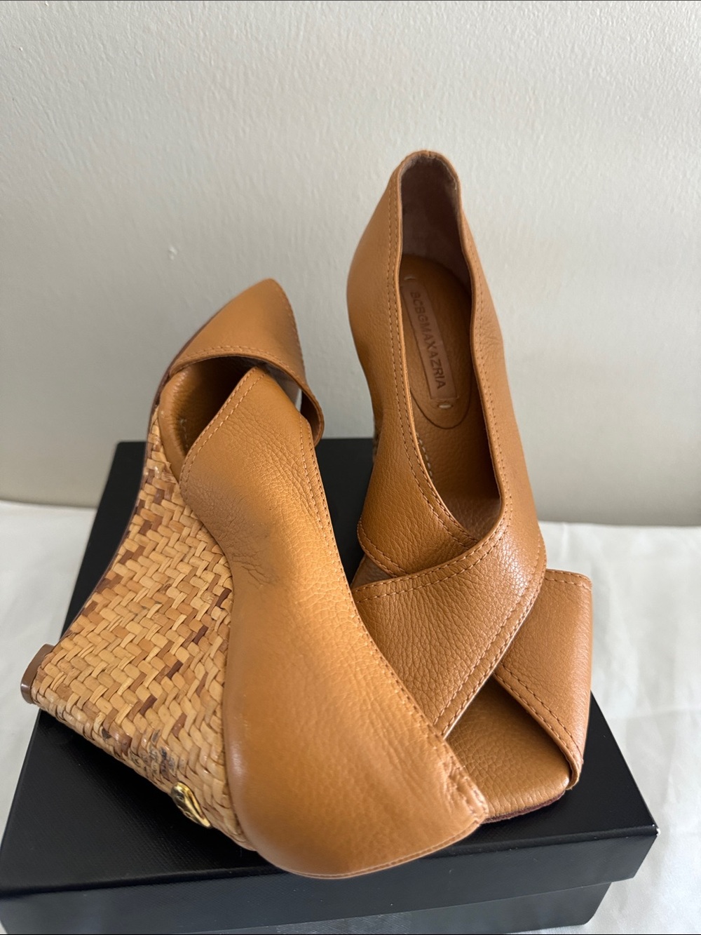 BCBGMaxAzria Tan Leather Woven Wedge Sandals